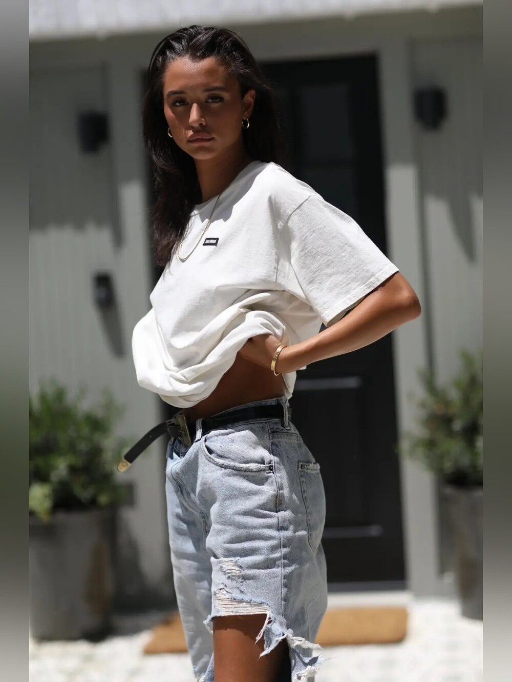 Joah Brown Oversized Crew Logo Tee Shirt in Fog Cotton | S/M